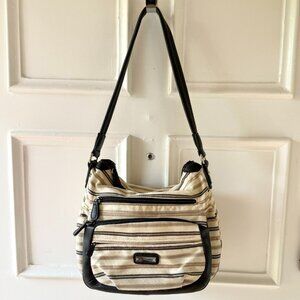 Alfred Dunner Shoulder Bag Beige Brown Striped Organizer Style Purse Pockets